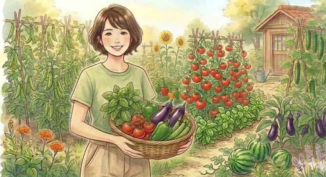 家庭菜園で野菜を収穫する女性のイラスト。トマト・なす・ピーマン・バジルなどの夏野菜が育つ畑と、ひまわり、小屋、スイカなどが描かれている。