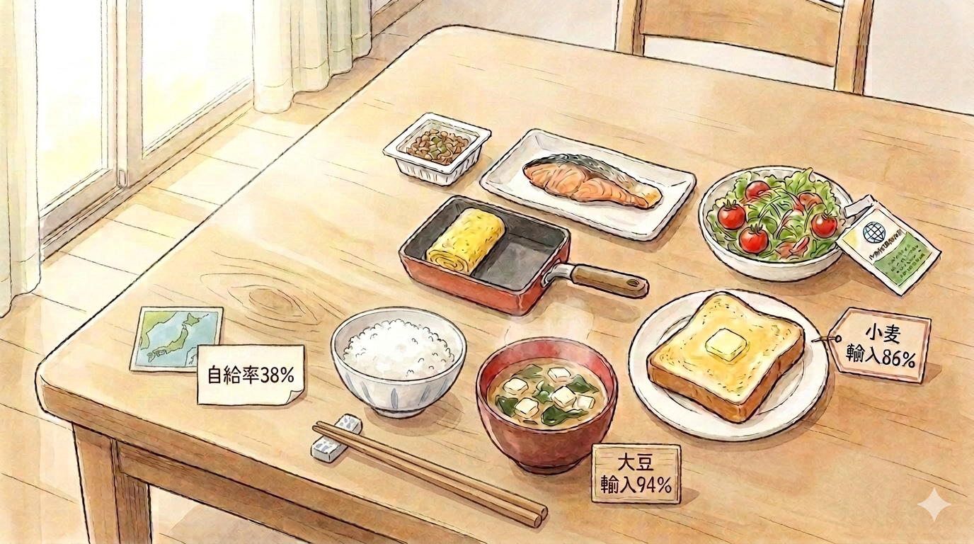 日本の朝食の食卓を俯瞰した手描き風イラスト。味噌汁・ごはん・卵焼き・焼き魚・納豆・サラダ・トーストが並ぶ中、赤い味噌汁椀の脇に「大豆 輸入94%」、トーストの脇に「小麦 輸入86%」、日本地図とともに「自給率38%」の札、サラダの脇に外国企業ロゴ入りの種袋がさりげなく配置されている。