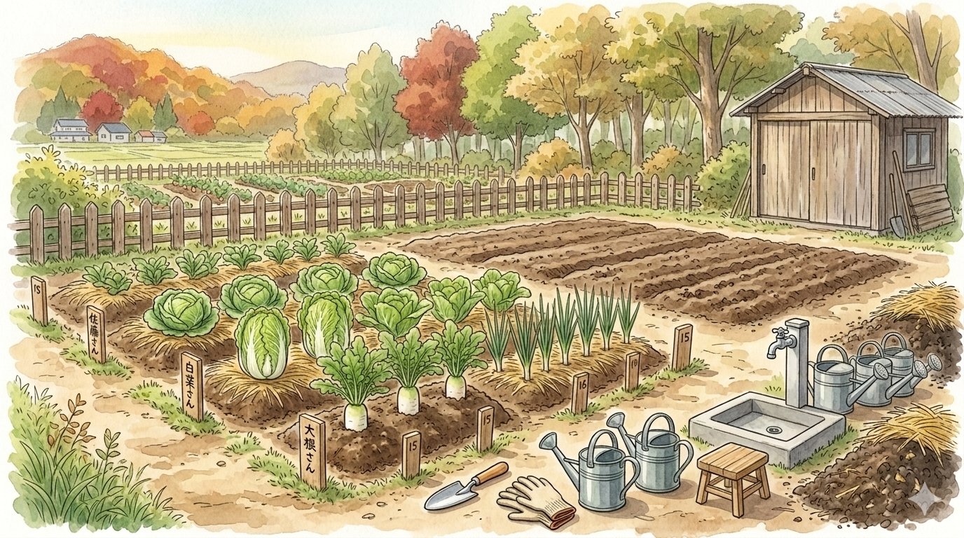 市民農園の風景を描いた手描きイラスト。区画に番号札や利用者の名札が立ち、白菜・大根・ねぎなどの秋冬野菜が育っている。共同の水道とじょうろ置き場、物置小屋、奥には紅葉の木々と集落が見える。