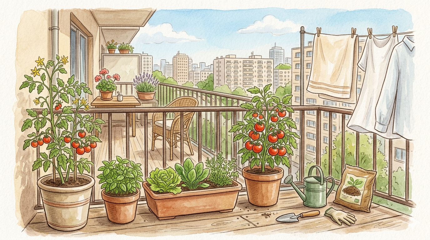 マンションのベランダで家庭菜園を楽しむ風景の手描きイラスト。プランターでミニトマトやバジル、レタスなどが育っており、じょうろや土の袋、園芸道具が置かれている。柵の向こうには街並みが広がり、洗濯物が風に揺れている。
