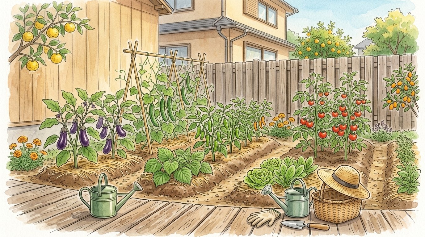 戸建て住宅の裏庭で家庭菜園を楽しむ風景の手描きイラスト。畝にナス・きゅうり・トマト・レタスなどが育ち、竹の支柱や柚子・金柑の果樹、麦わら帽子とじょうろ、園芸道具が配置されている。