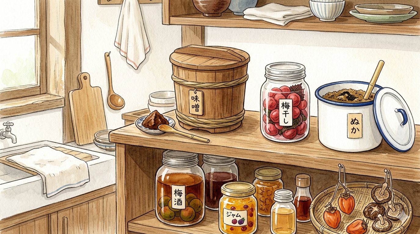 日本の台所に並ぶ発酵・保存食の手描きイラスト。木製の味噌樽、ガラス瓶に詰まった梅干し、琺瑯のぬか床、梅酒やジャム・シロップの保存瓶、干し柿や干ししいたけがざるに盛られ、それぞれに「味噌」「梅干し」「ぬか」「梅酒」「ジャム」の手書きラベルが付いている。
