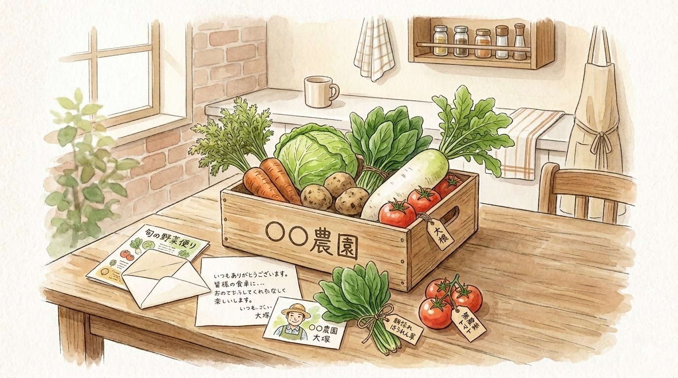 自宅のダイニングテーブルに届いた農家からの野菜の箱を描いた手描きイラスト。木箱には「〇〇農園」と書かれ、キャベツ・にんじん・じゃがいも・大根・トマト・ほうれん草などの新鮮な野菜が詰まっている。添えられた手書きの手紙には「いつもありがとうございます」「大塚」と署名され、生産者の顔写真入り名刺、「朝採れほうれん草」などのタグ、「旬の野菜便り」のリーフレットが並ぶ。