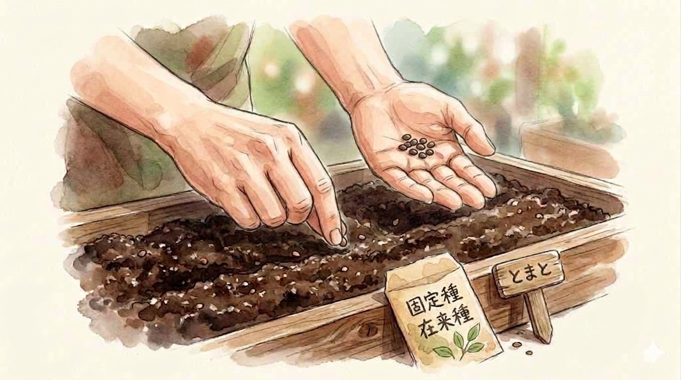 家庭菜園のプランターで種を蒔く手元の手描きイラスト。右手でそっと土に種を置き、左手の手のひらに種が数粒のっている。そばに「固定種 在来種」の種袋と「とまと」の木札が添えられている。