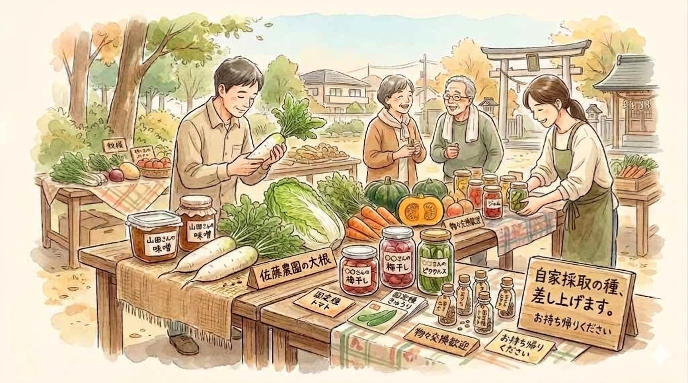 屋外の地域マルシェ・物々交換会の手描きイラスト。神社の境内のような広場に長テーブルが並び、近所の人々が持ち寄った野菜・保存食の瓶・種袋が広げられている。「山田さんの味噌」「佐藤農園の大根」「〇〇さんの梅干し」「〇〇さんのピクルス」「固定種トマト」などの手書きラベルが並び、「自家採取の種、差し上げます。お持ち帰りください。」「物々交換歓迎」の看板が立つ。3〜4名の大人が穏やかに交流している。