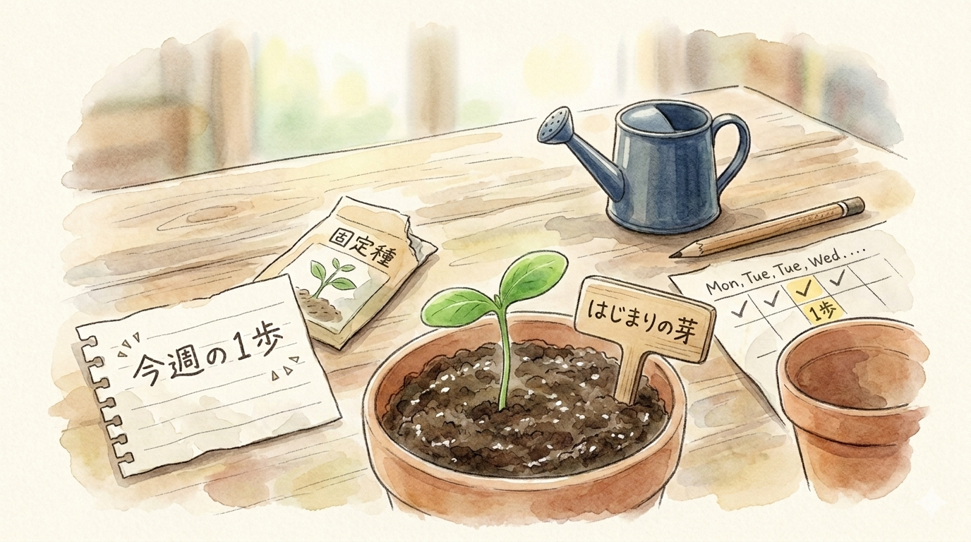「今週の1歩」を象徴する手描き水彩イラスト。作業台の土から双葉が芽吹き、脇に「はじまりの芽」の木札、「今週の1歩」と書かれたノートのメモ、「固定種」の種袋、じょうろ、鉛筆、週間チェックリスト、空の植木鉢が並ぶ。